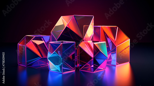 Colorful 3D Illustration with Geometric Objects and Neon-Glowing Edges: Abstract Neon-Lit Composition with Vibrant Geometric Shapes.