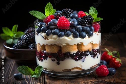 Irresistible tiramisu delight with juicy wild berries on a charming rustic wooden table