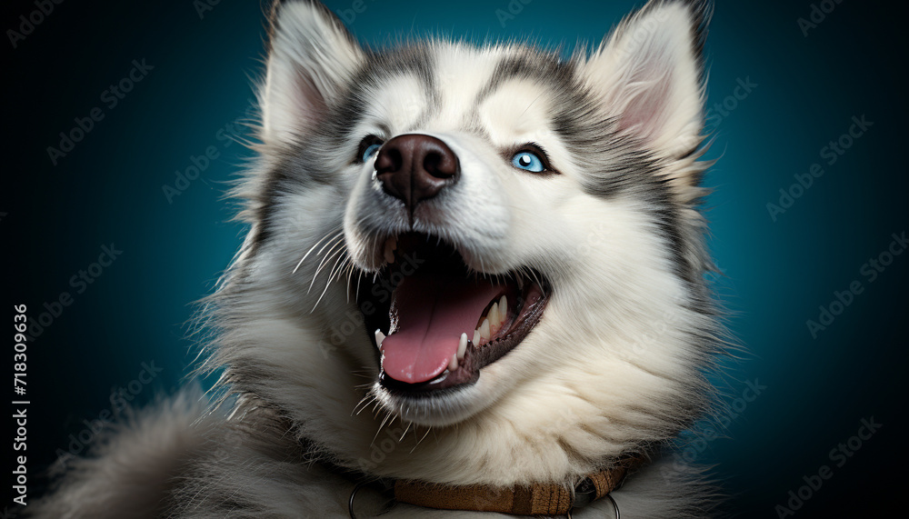 Obraz premium Cute puppy sitting, looking at camera, blue eyes generated by AI