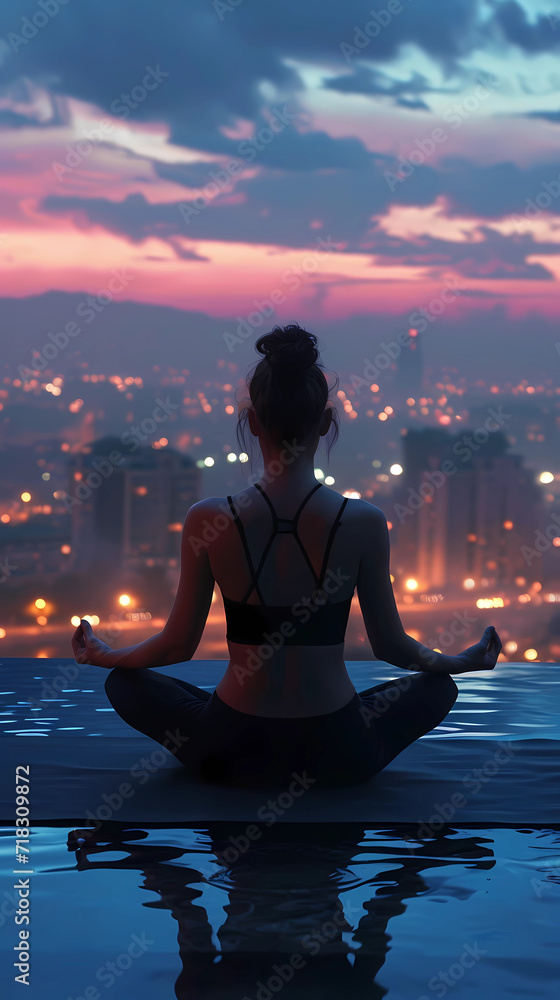 A woman practicing yoga, relaxation in her calm city, with tranquility, peaceful mind, well-being and serenity - Generated by Generative AI