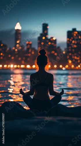 A woman practicing yoga, relaxation in her calm city, with tranquility, peaceful mind, well-being and serenity - Generated by Generative AI