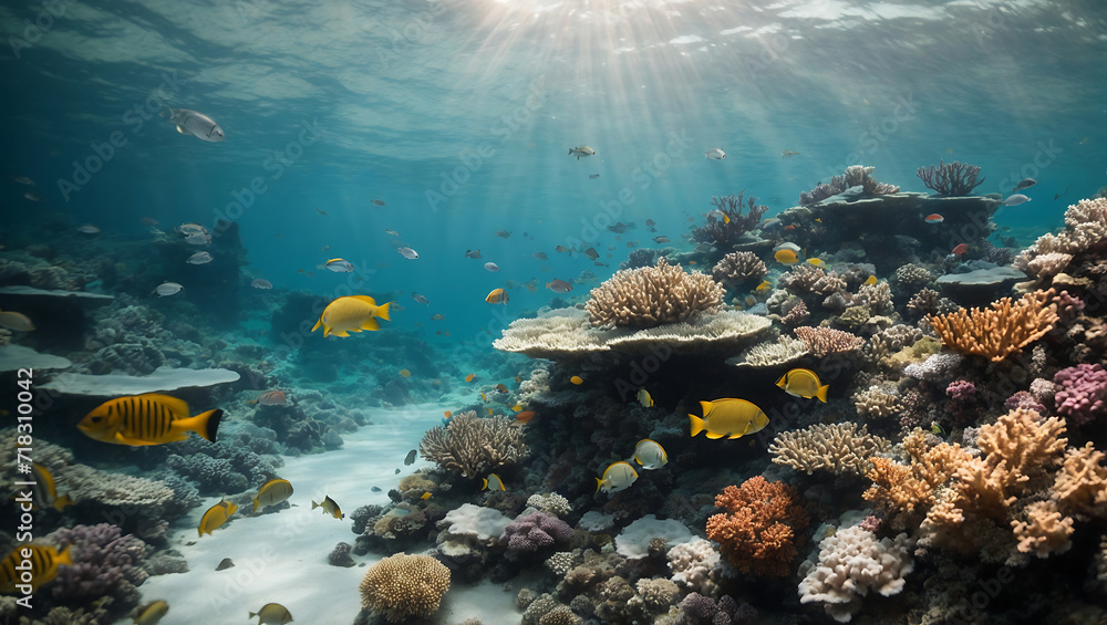 Rafa koralowa oświetlona promieniami słońca - obrazy, fototapety, plakaty 