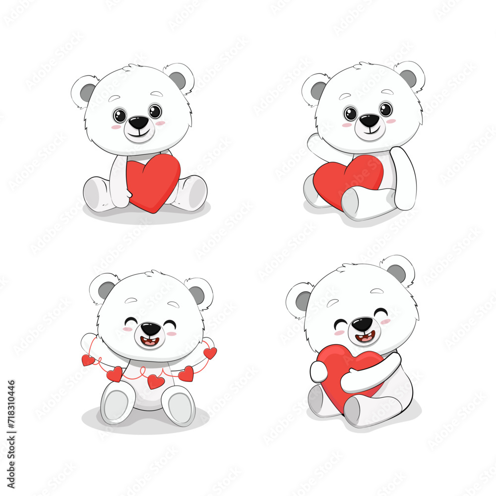 set of cute cartoon polar bear cub with a heart for your design. Valentine's day card. Mothers day. Vector illustration set of cute cartoon polar bear cub with a heart for your design. Valentine's day card. Mothers day. Vector illustration