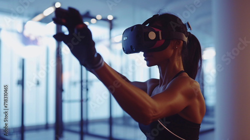 Women in gymnastic costumes enjoying fitness using virtual reality. Generative AI