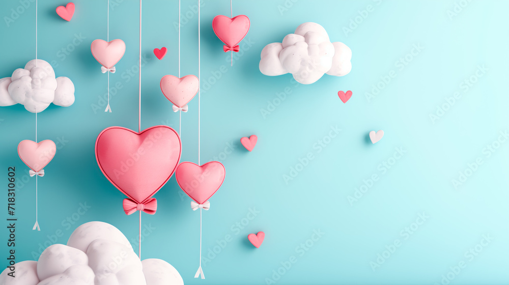 Poster or banner with clouds, hearts, balloons, flowers and presents on pastel blue 3D background for st. Valentine day