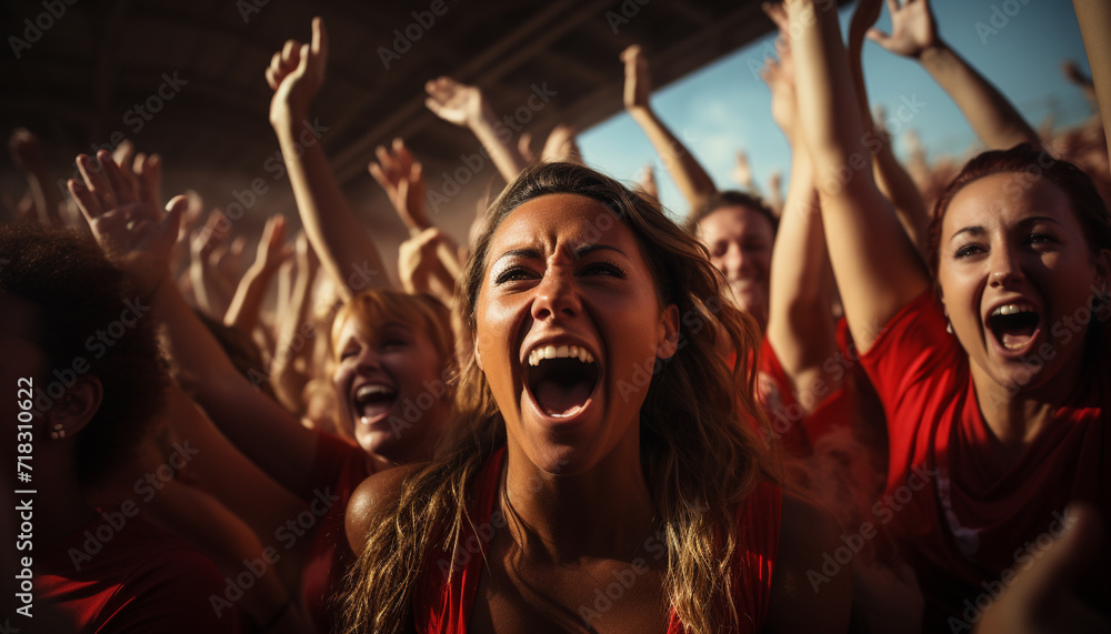 Young adults cheering, arms raised, enjoying music festival generated by AI Young adults cheering, arms raised, enjoying music festival generated by AI