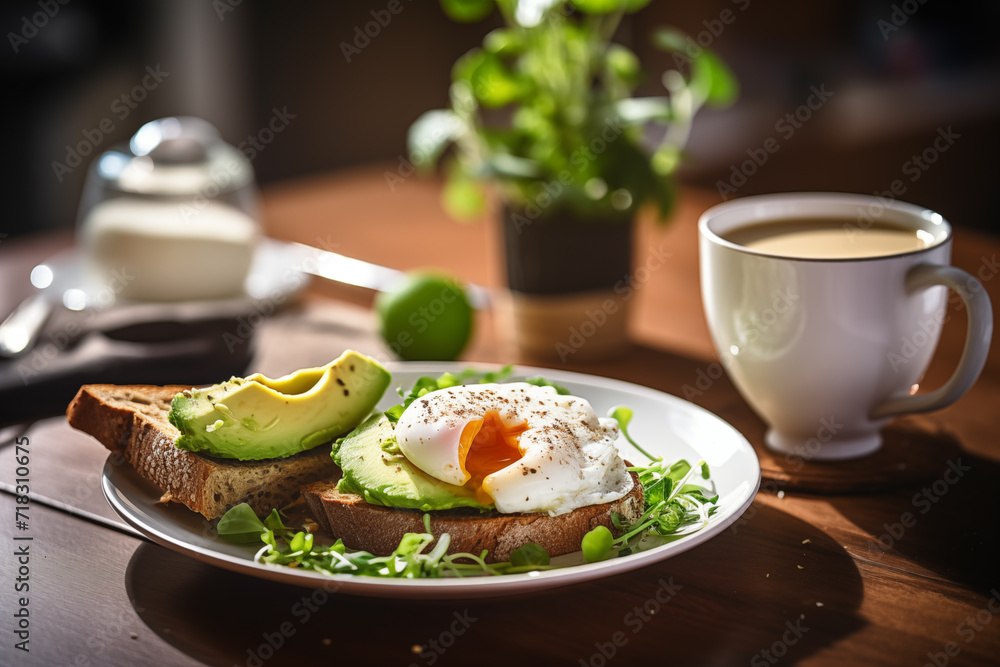 Cozy morning, coffee and healthy breakfast with boiled egg, avocado, toast
Cozy morning, coffee and healthy breakfast with boiled egg, avocado, toast