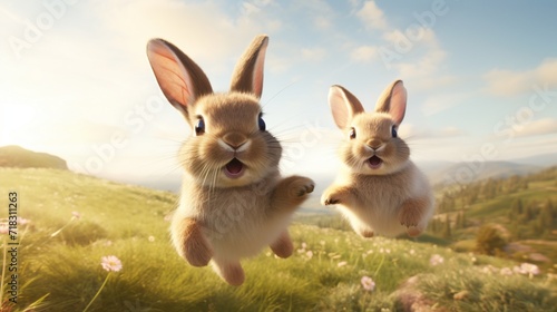 "A pair of energetic bunnies leaping and playing in an open field © Pixlab11