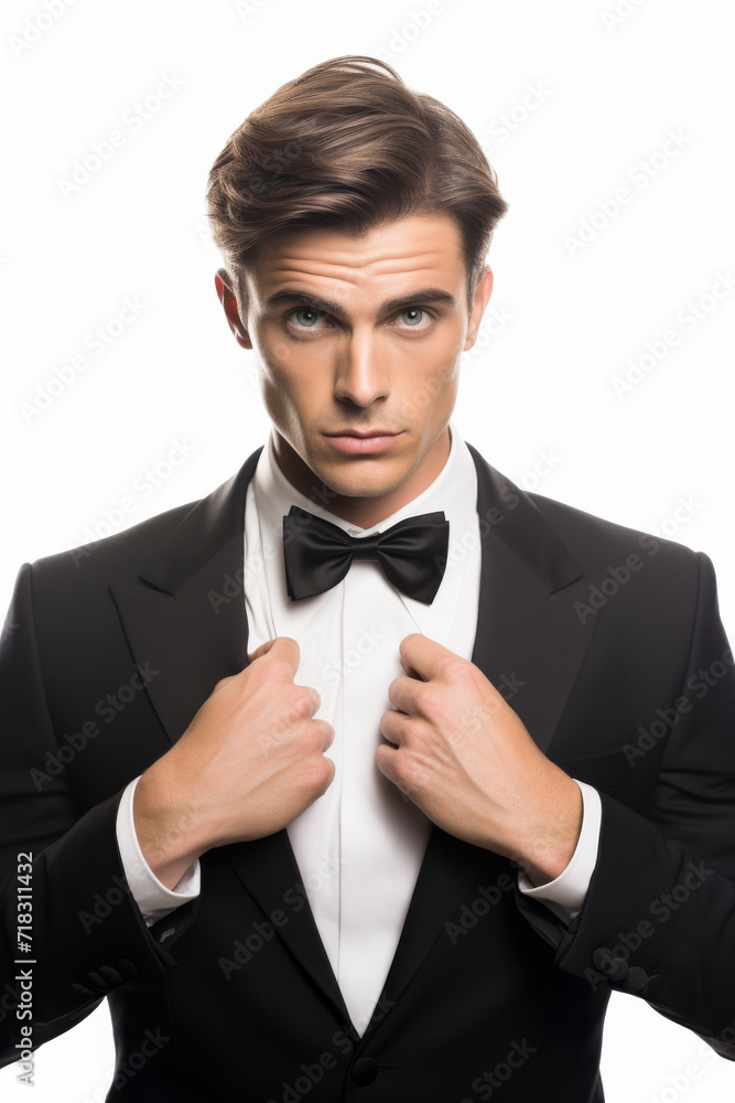Fashionable male model with stubble, adjusting his Tuxedo jacket while staring at the camera, soft side, light and white background Fashionable male model with stubble, adjusting his Tuxedo jacket while staring at the camera, soft side, light and white background