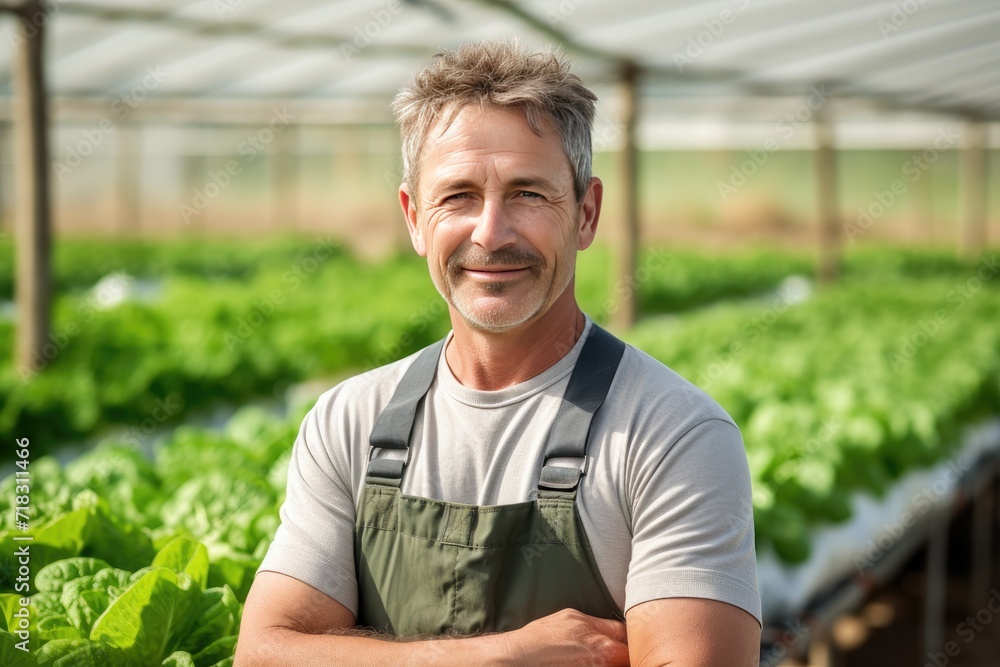 Potrait of a vegetable grower working in a large industrial greenhouse growing vegetables and herbs. Farmer Potrait of a vegetable grower working in a large industrial greenhouse growing vegetables and herbs. Farmer