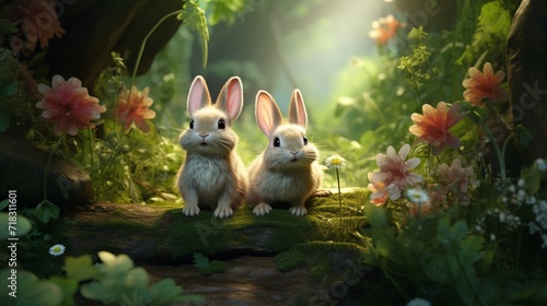 "A pair of inquisitive rabbits exploring a lush garden © Pixlab11