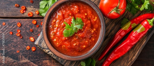 Mexican salsa roja (red sauce) dip in bowl from above