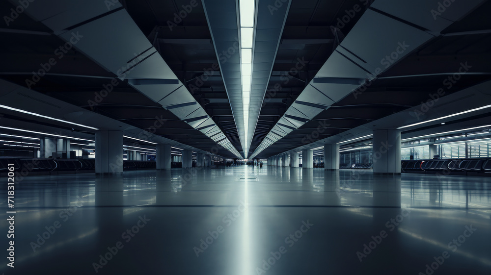 Low level view of empty dark airport terminal with fluorescent lighting and polished tiled floor.