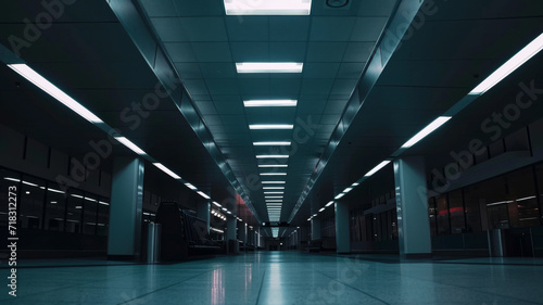 Low level view of empty dark airport terminal with fluorescent lighting and polished tiled floor. photo