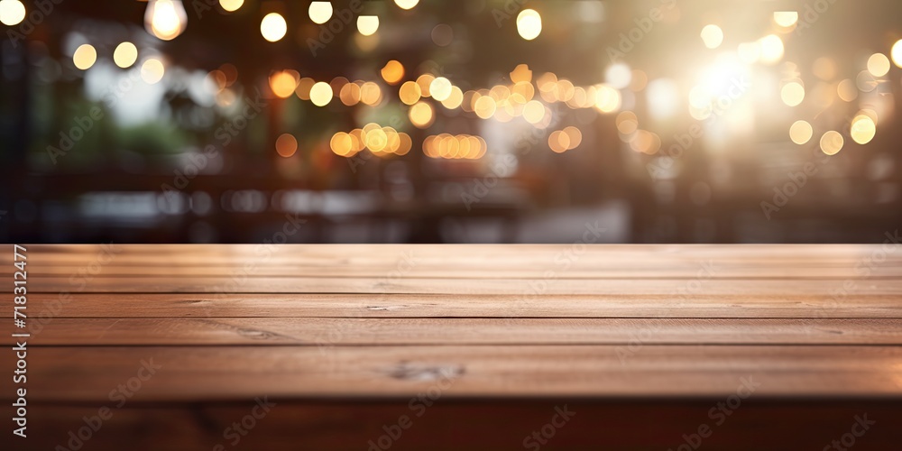 Wooden table with blurred background used for displaying restaurant lights and mock-up design of montage products.