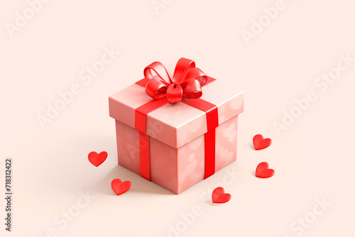Mystery gift box with ribbon on solid bold background. Isometric view of present or giftbox with bow,