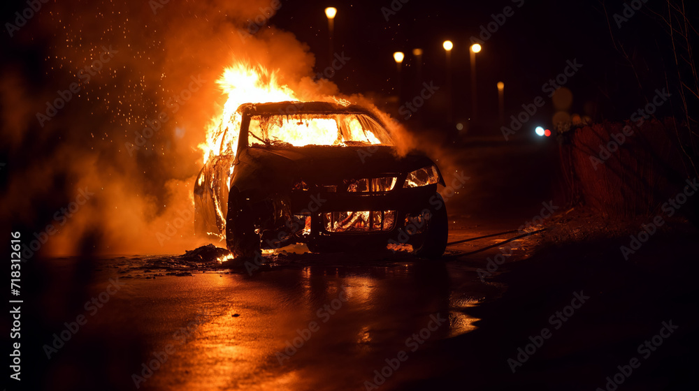 Car engulfed in intense flames at night, creating dramatic scene of destruction. Car engulfed in intense flames at night, creating dramatic scene of destruction.