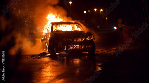 Car engulfed in intense flames at night, creating dramatic scene of destruction.
