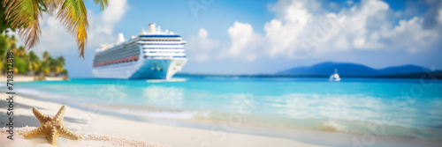 Cruise ship and palm tree on the beach in the tropics. Tropical island vacation concept