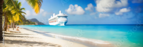 Cruise ship and palm tree on the beach in the tropics. Tropical island vacation concept