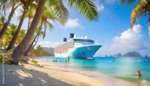 Cruise ship and palm tree on the beach in the tropics. Tropical island vacation concept © Mariusz Blach