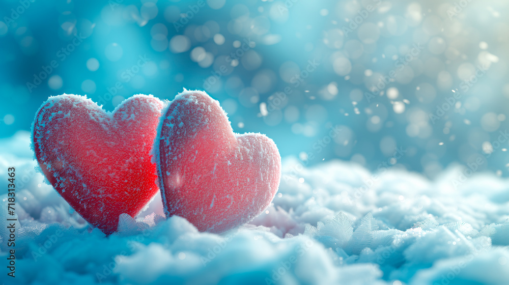 Obraz premium Poster or banner of two hearts sitting on the snow covered ground under light. Vibe of Valentine day and romantic