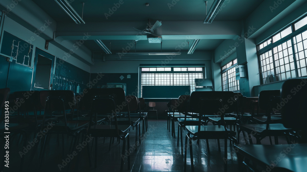 Worms eye view of empty dark classroom, desks chairs and blackboard, in old-fashioned building with peeling paint on walls