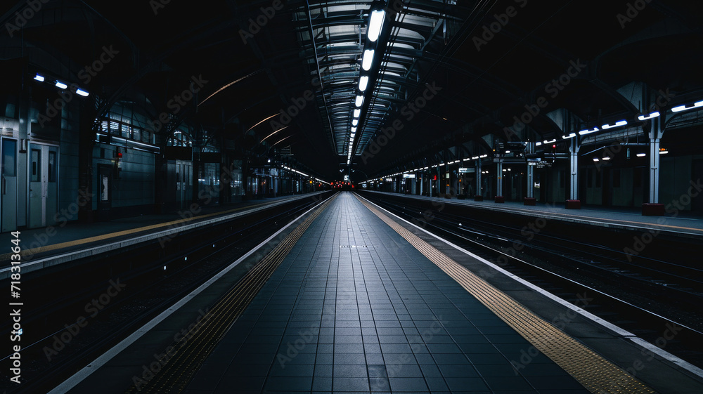Worms eye view of an empty dark train station
