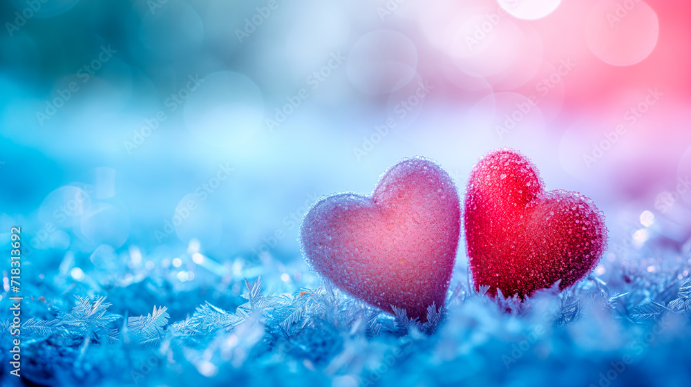 Poster or banner of two hearts sitting on the snow covered ground under light. Vibe of Valentine day and romantic Poster or banner of two hearts sitting on the snow covered ground under light. Vibe of Valentine day and romantic