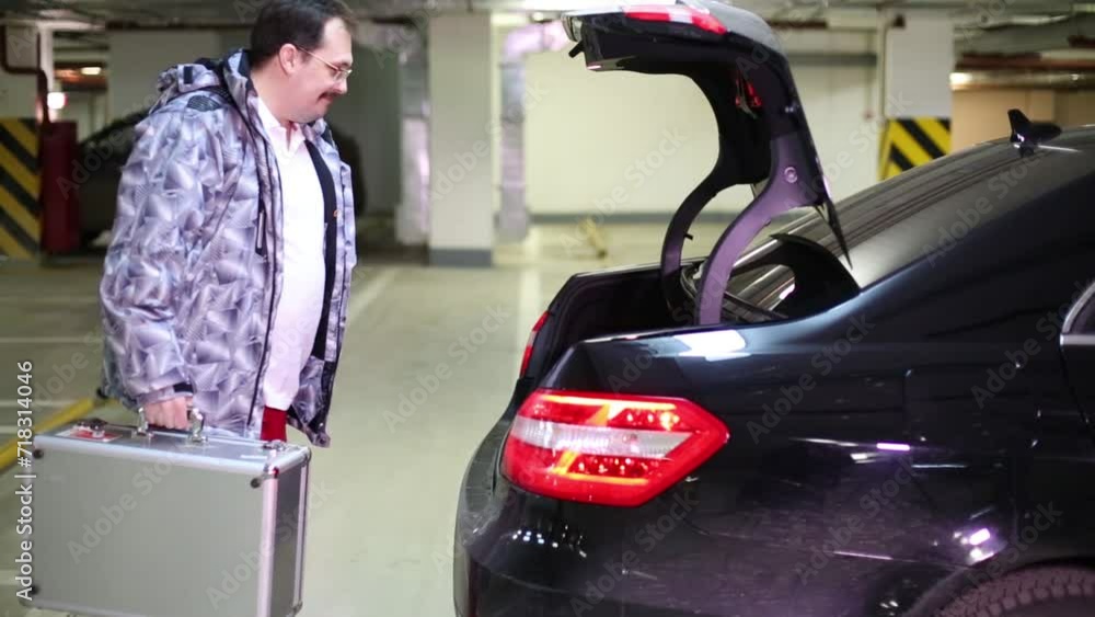 The man opens the trunk of a car and foot puts a suitcase The man opens the trunk of a car and foot puts a suitcase