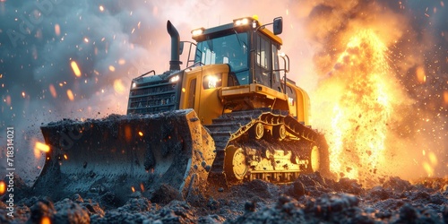 Bulldozer machine on a dirt terrain at sunset