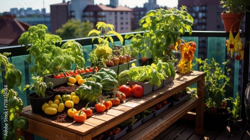  a wooden table topped with lots of vegetables on top of a wooden table next to a green fence with buildings in the background.