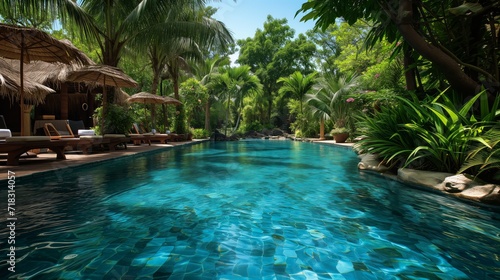 swimming pool in tropical park, luxury resort © vladdeep