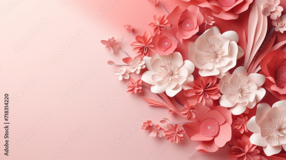  a pink and white paper flower arrangement on a pink background with a place for a text or an image to put on a card or brochure.