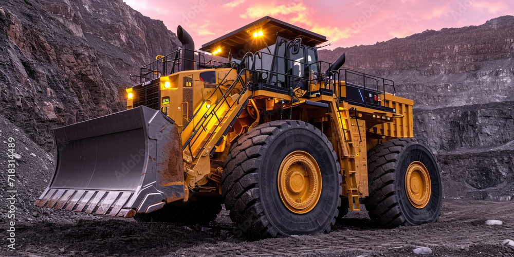 Bulldozer machine on a dirt terrain at sunset Bulldozer machine on a dirt terrain at sunset