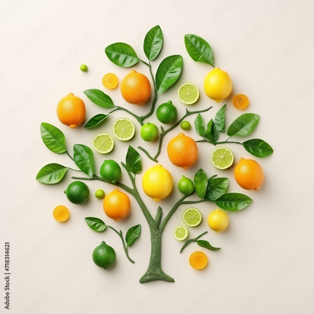 Tree made of citrus fruits, oranges, lemons, lime and green leaves on bright background. Creative flat lay nature concept.