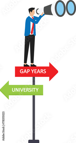 Learning life and looking for motivation to achieve goals, Gap year and high school graduates carry backpacks and meet road signs of life's choices to decide which path to take.

