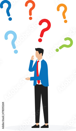 stress or anxiety due to business difficulties, Frustration or depression from complex problems at work. businessman with head full of messy question marks. 