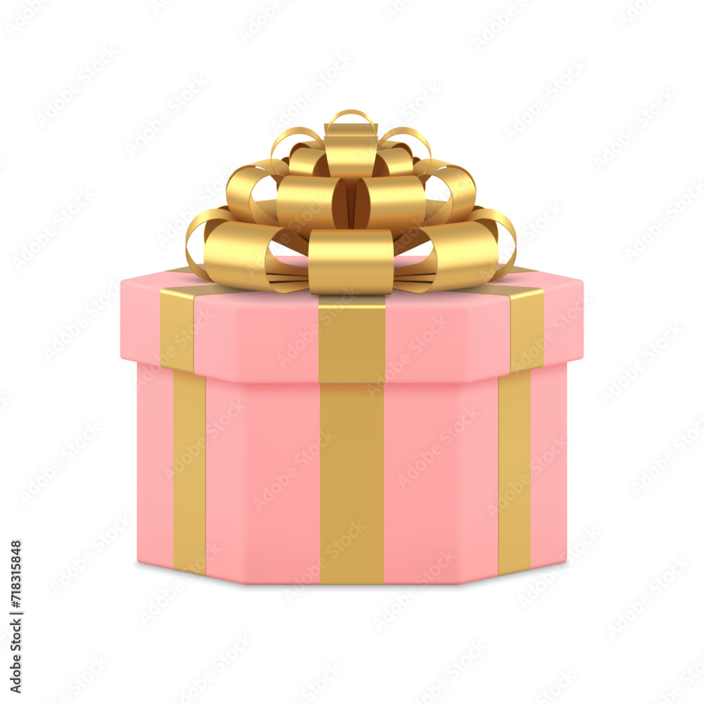 Pink hexagonal wrapped gift box with elegant golden bow ribbon holiday pack 3d icon realistic vector Pink hexagonal wrapped gift box with elegant golden bow ribbon holiday pack 3d icon realistic vector