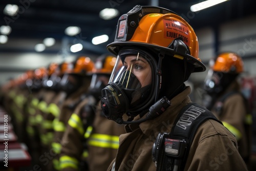 Female firefighter in full gear with helmet and visor among colleagues in background