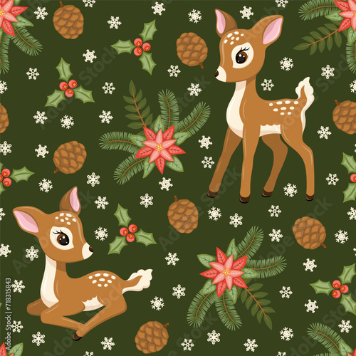Seamless pattern with cute baby deers, snowflakes and Christmas plants. Vector illustration.