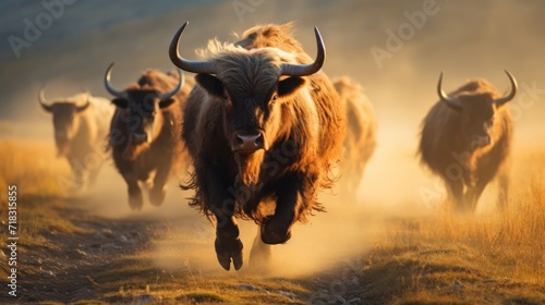  a herd of bison running down a dirt road in a grassy field with dust blowing in the air and dust blowing in the air. photo