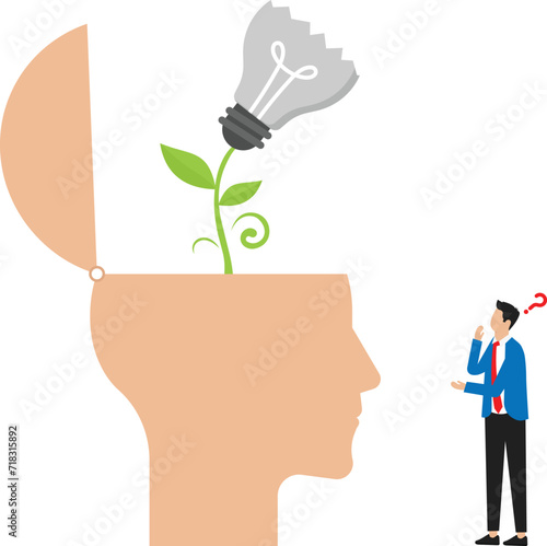 Not inspired or motivated after business failure, tired or exhausted by crisis, no new inspiration ideas or concepts, depressed man sitting with broken light bulb idea behind him
