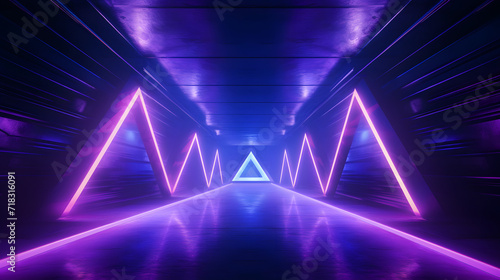 Cyber Triangle Neon Laser Glowing Dark Sci Fi Futuristic Led blue purple Lights Tunnel Corridor Cement Concrete Spaceship Parking Underground