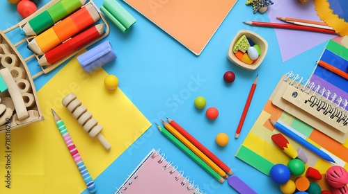 Top View of Educational Wooden Toys and Stationery