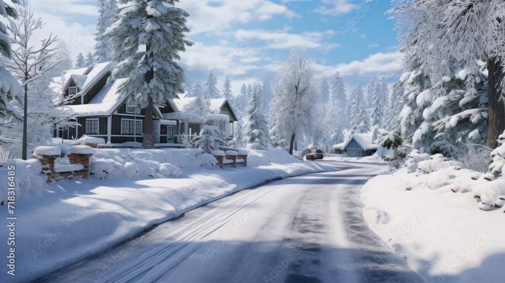  a snow covered road with a house in the background and lots of snow on the ground in front of it.