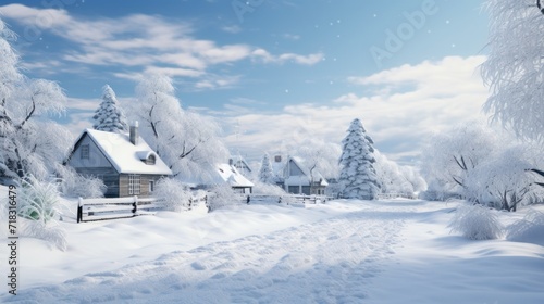  a winter scene with snow covered trees and a small house in the foreground with a blue sky in the background.