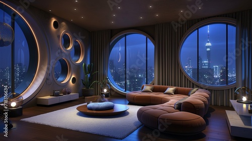 A modern room with round shape windows, night view © Safdar