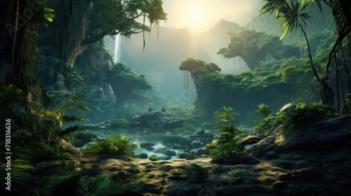 a painting of a jungle scene with a river running through the middle of the jungle  with trees and rocks in the foreground.