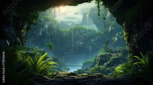  a cave filled with lots of green plants next to a body of water with a waterfall in the middle of it.
